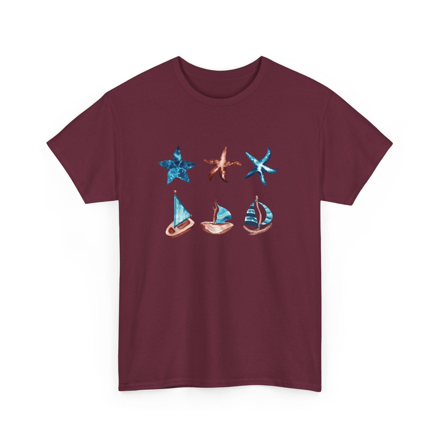 Watercolor Starfish and Sailboats Short Sleeve Tee