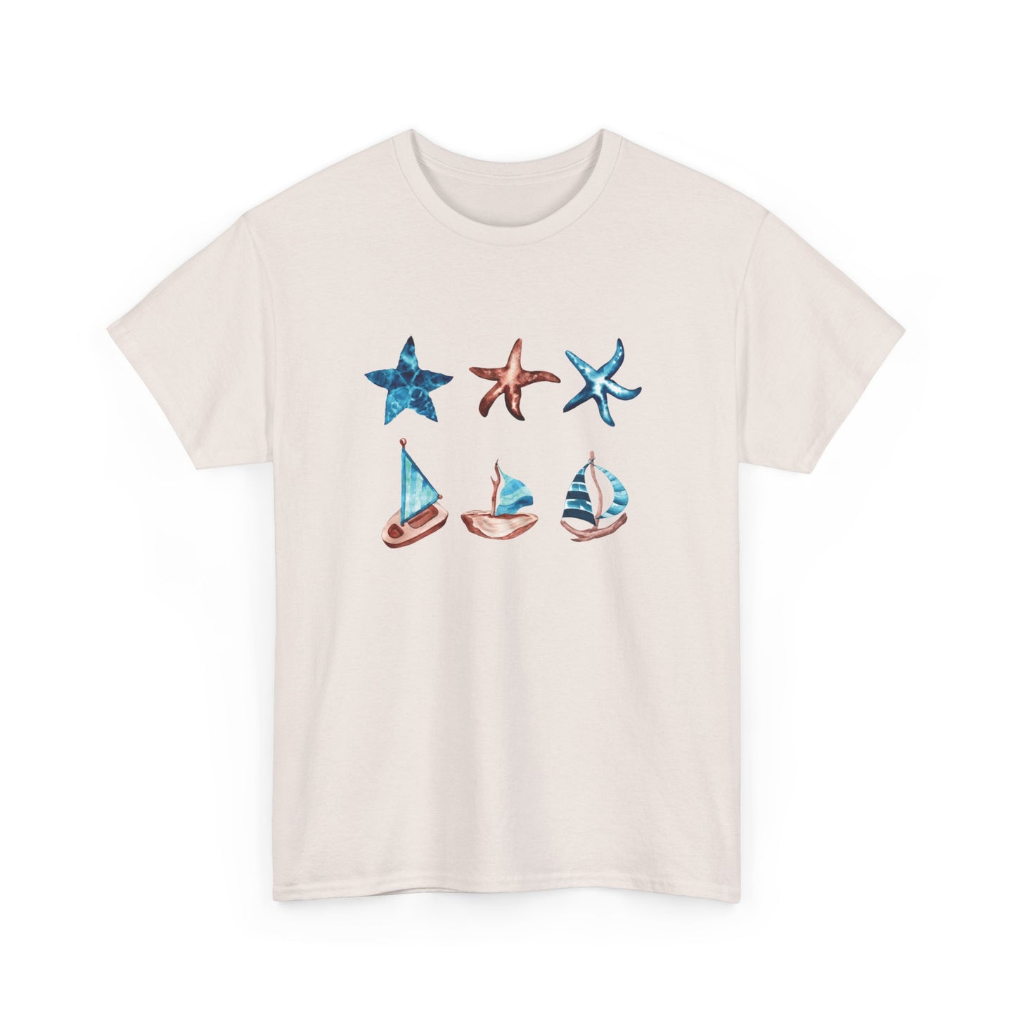 Watercolor Starfish and Sailboats Short Sleeve Tee