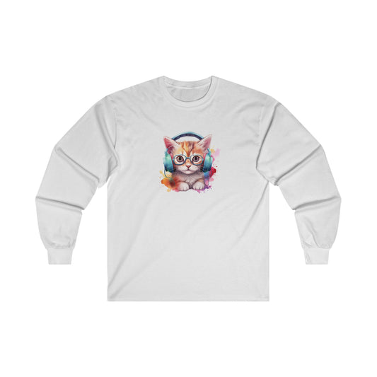 Cat with Headphones Long Sleeve Tee