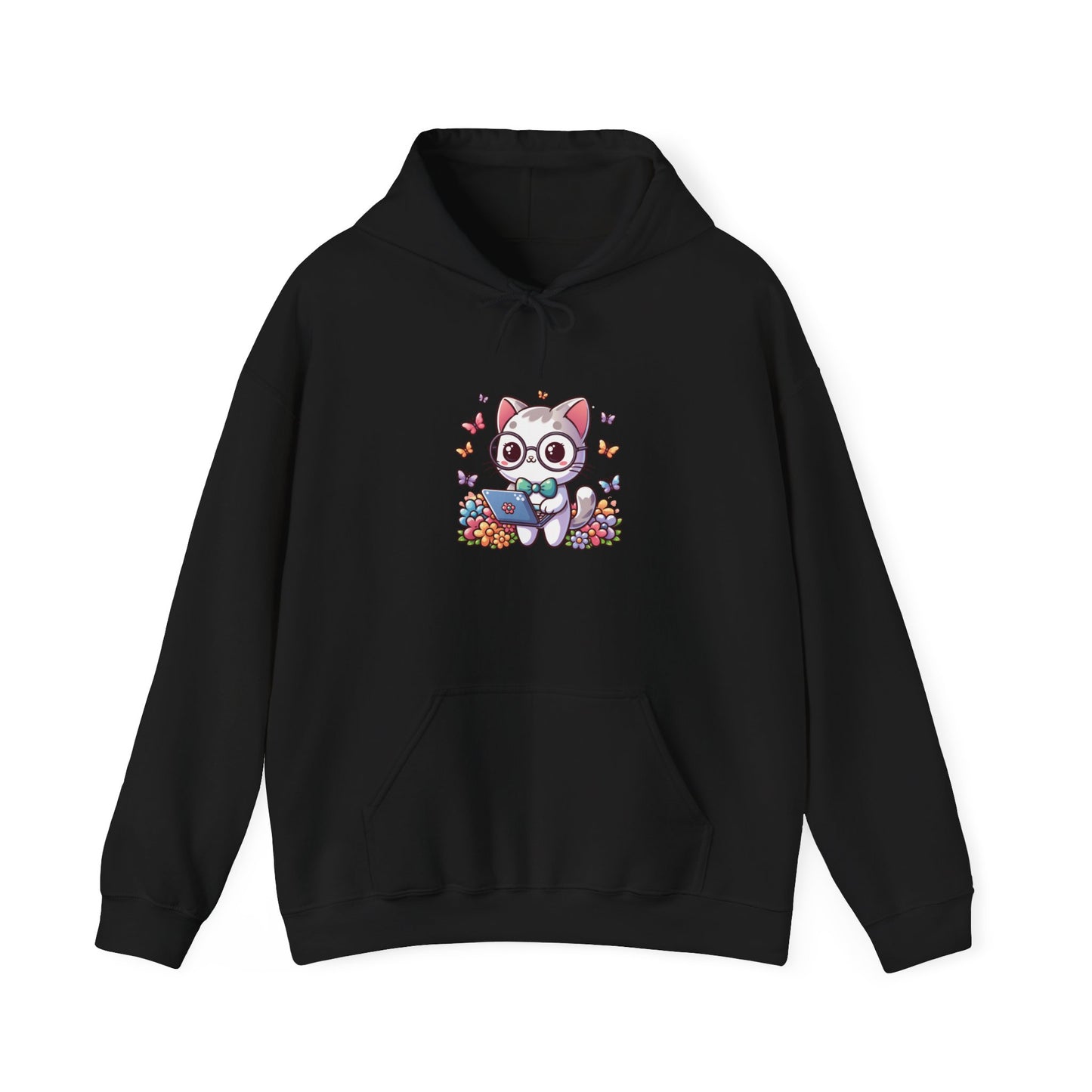Gray Cat with Flowers and Laptop Hooded Sweatshirt