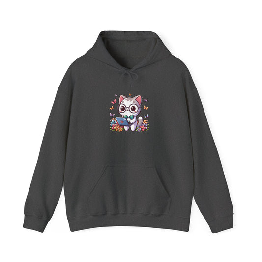 Gray Cat with Flowers and Laptop Hooded Sweatshirt