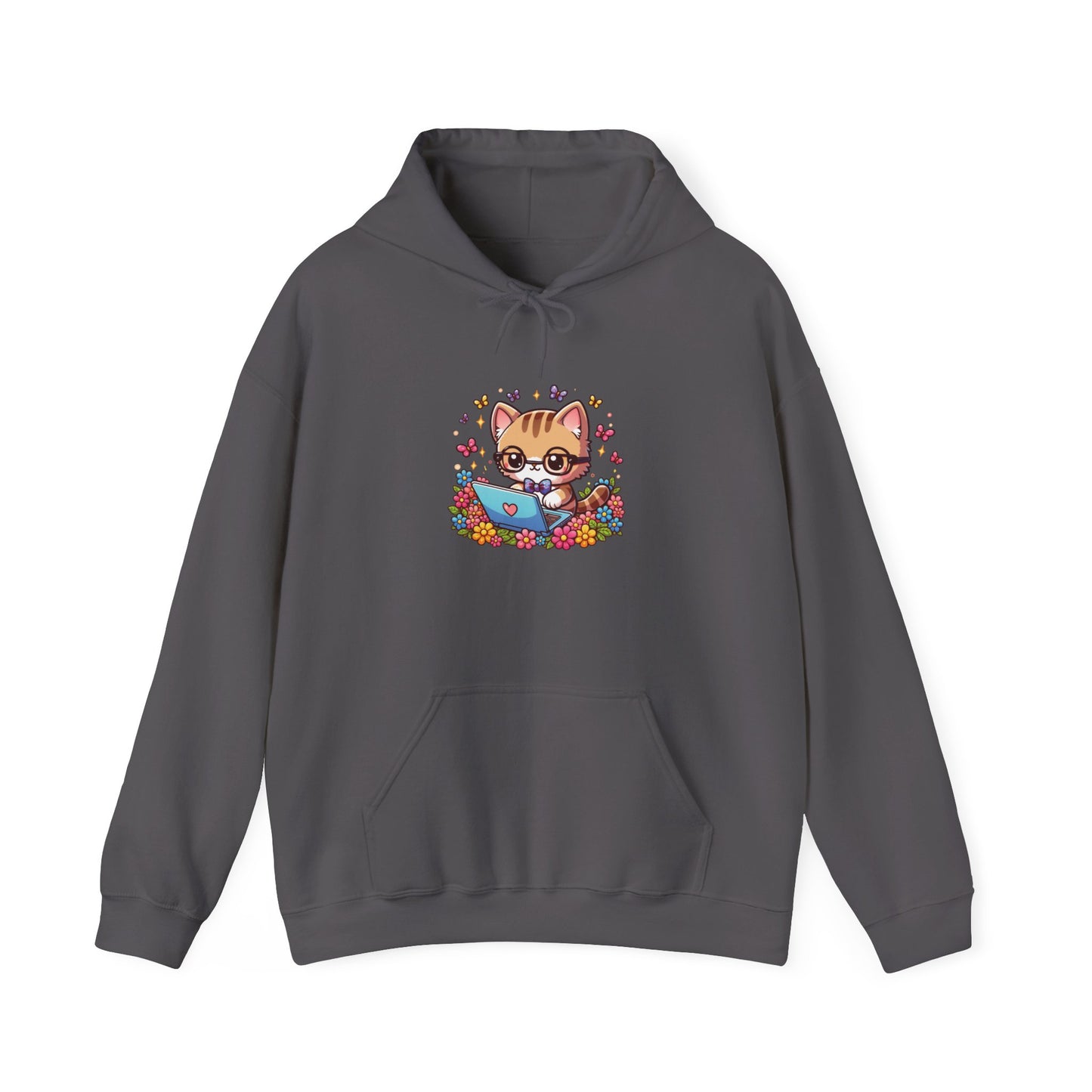 Cat with Flowers and Laptop Hooded Sweatshirt