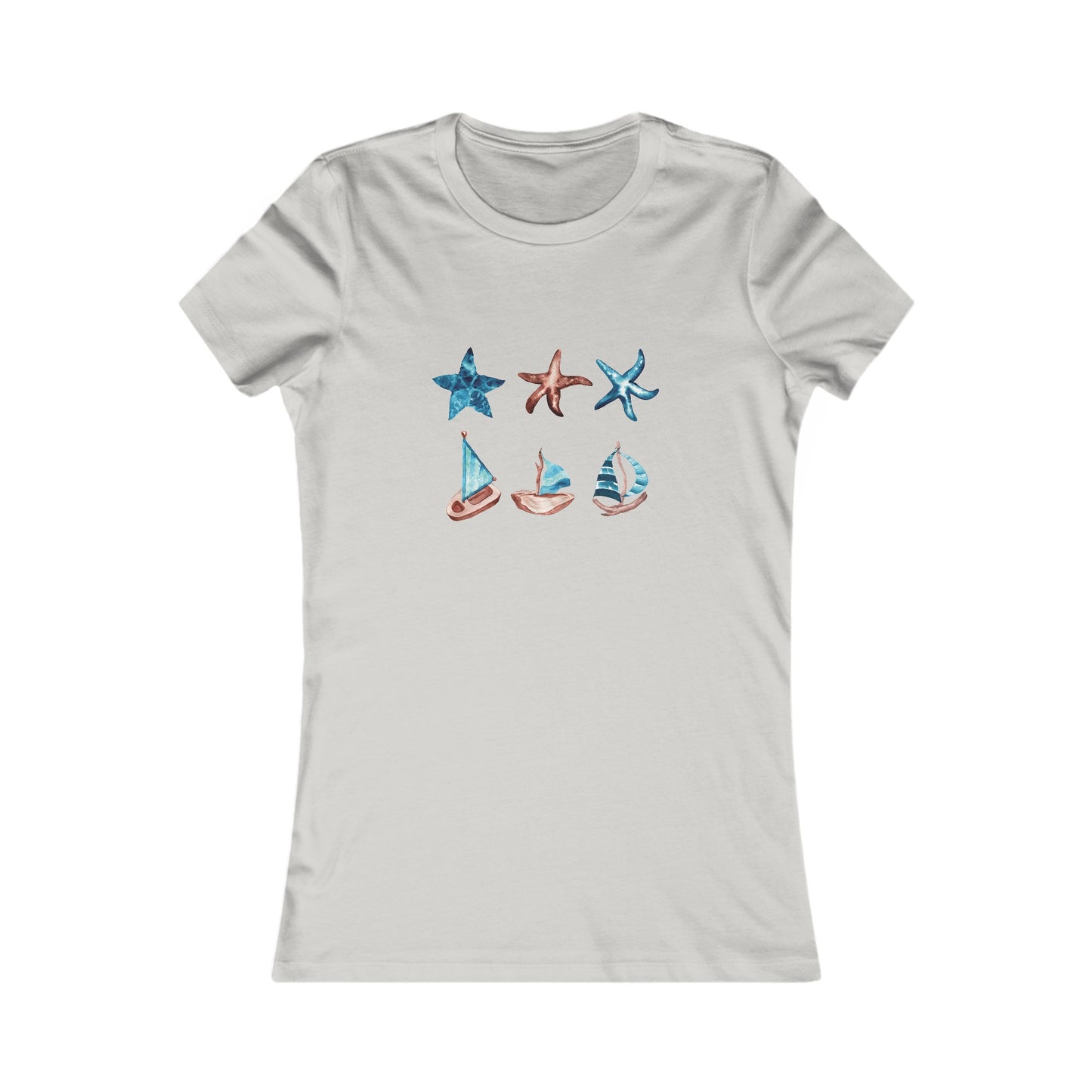 Watercolor Starfish and Sailboats Fitted Tee