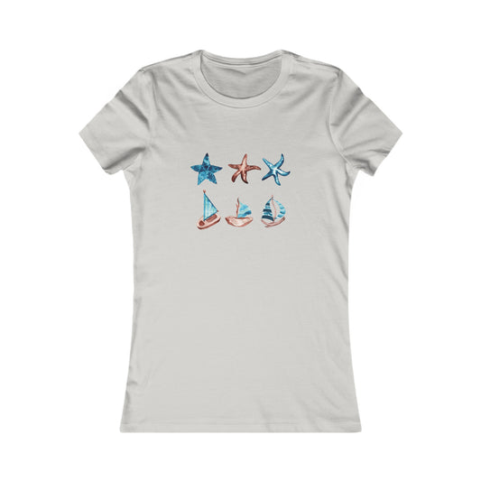 Watercolor Starfish and Sailboats Fitted Tee