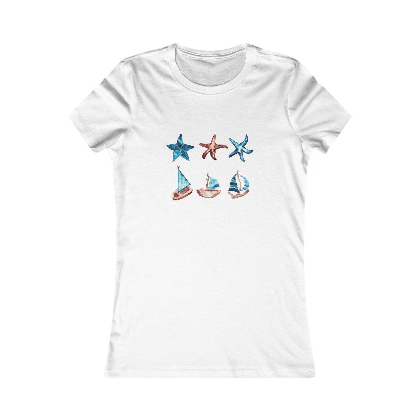 Watercolor Starfish and Sailboats Fitted Tee