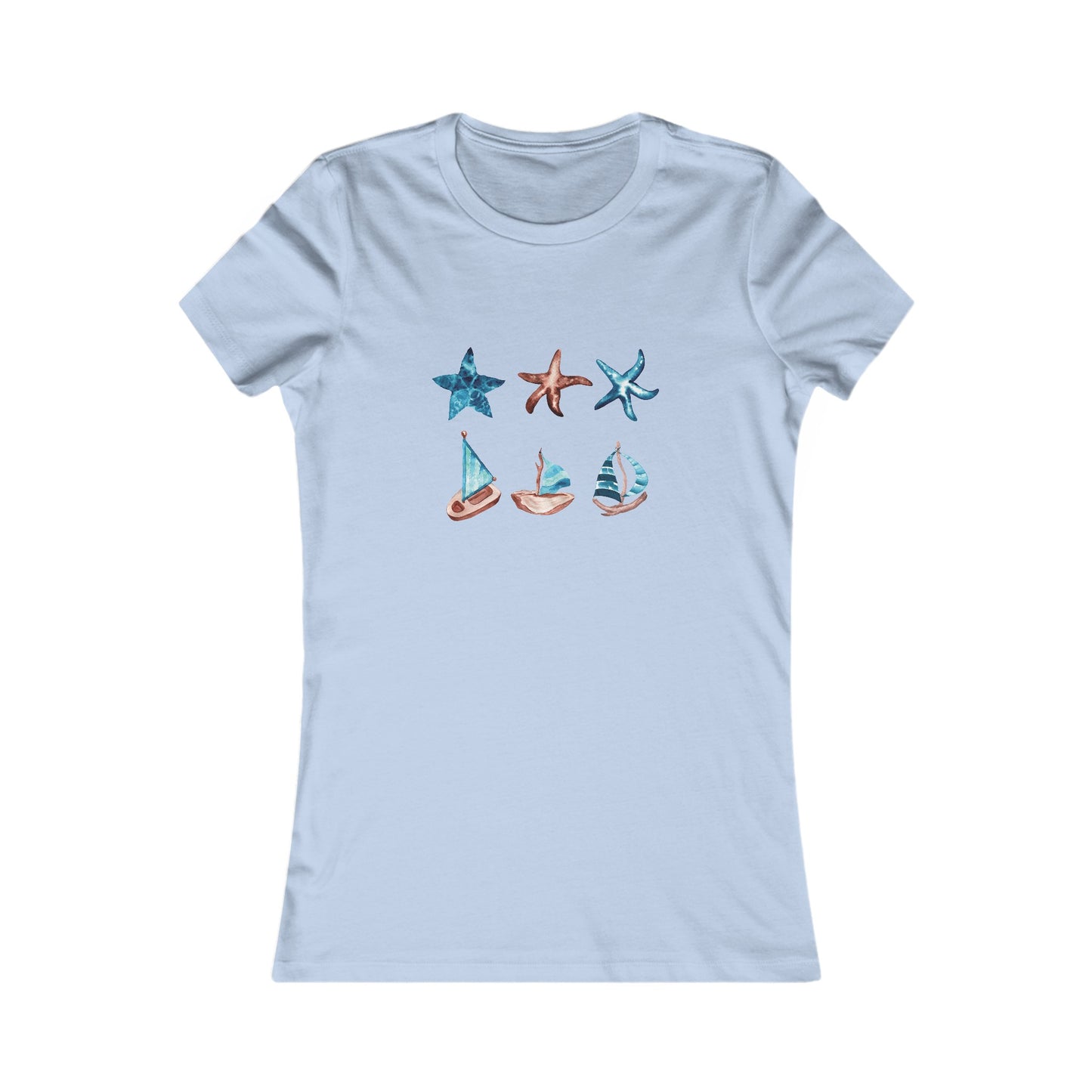 Watercolor Starfish and Sailboats Fitted Tee