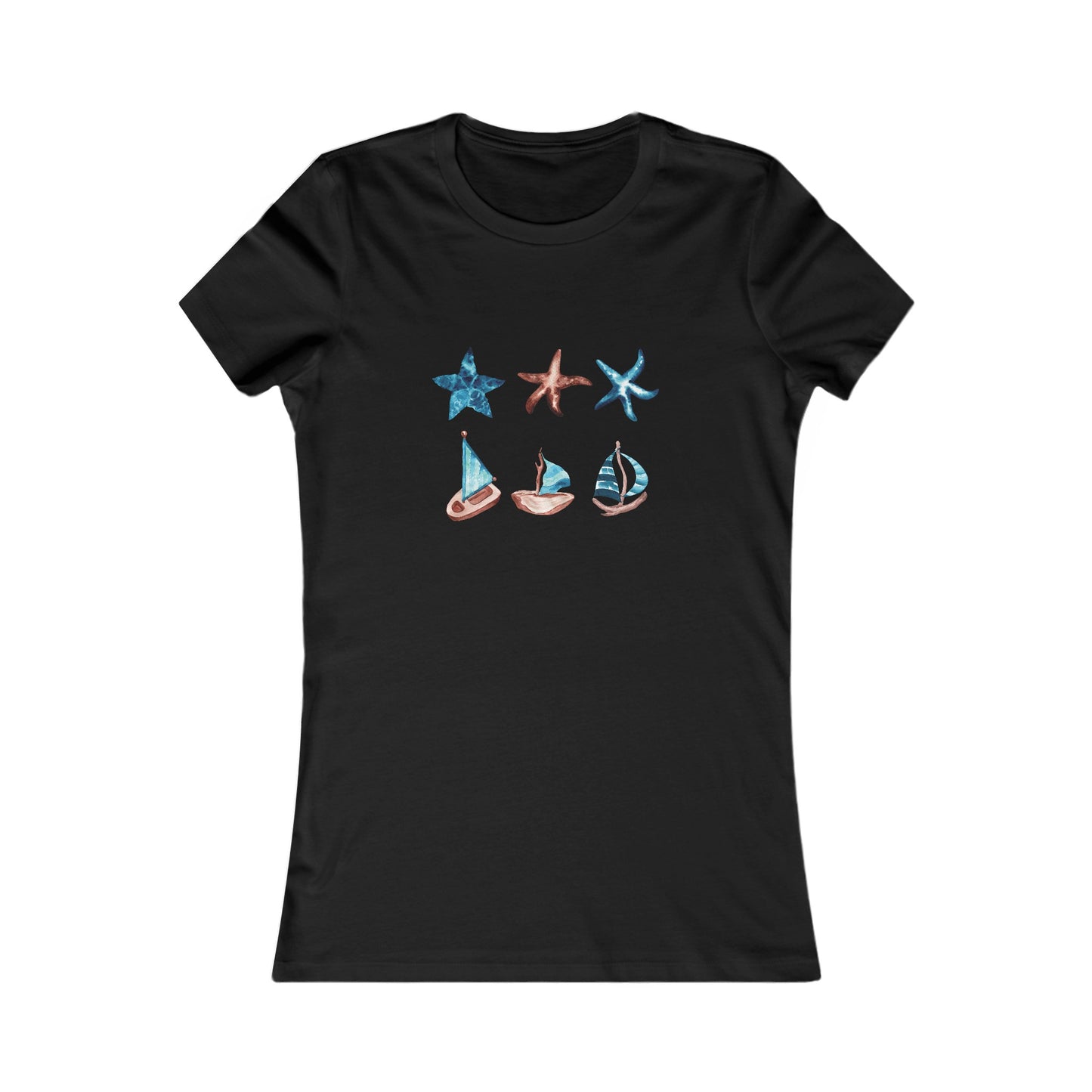Watercolor Starfish and Sailboats Fitted Tee