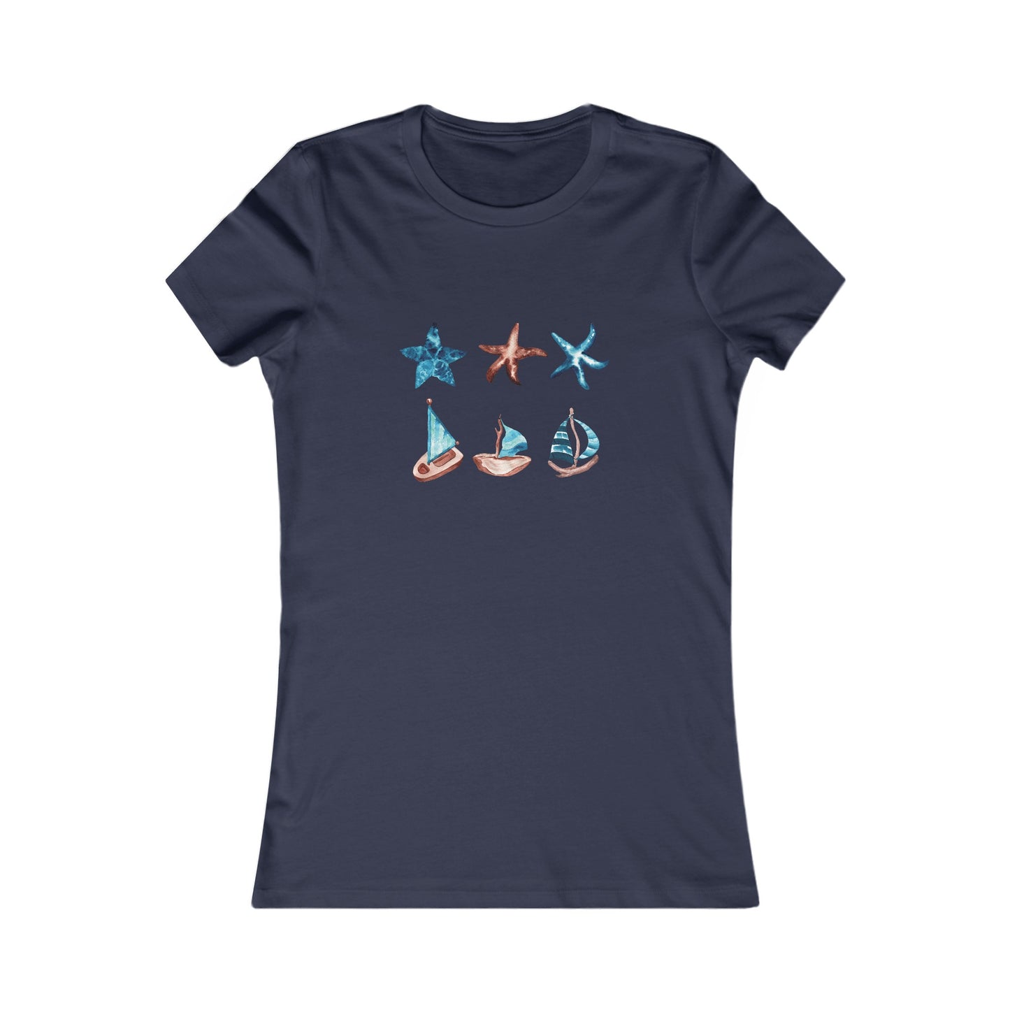 Watercolor Starfish and Sailboats Fitted Tee