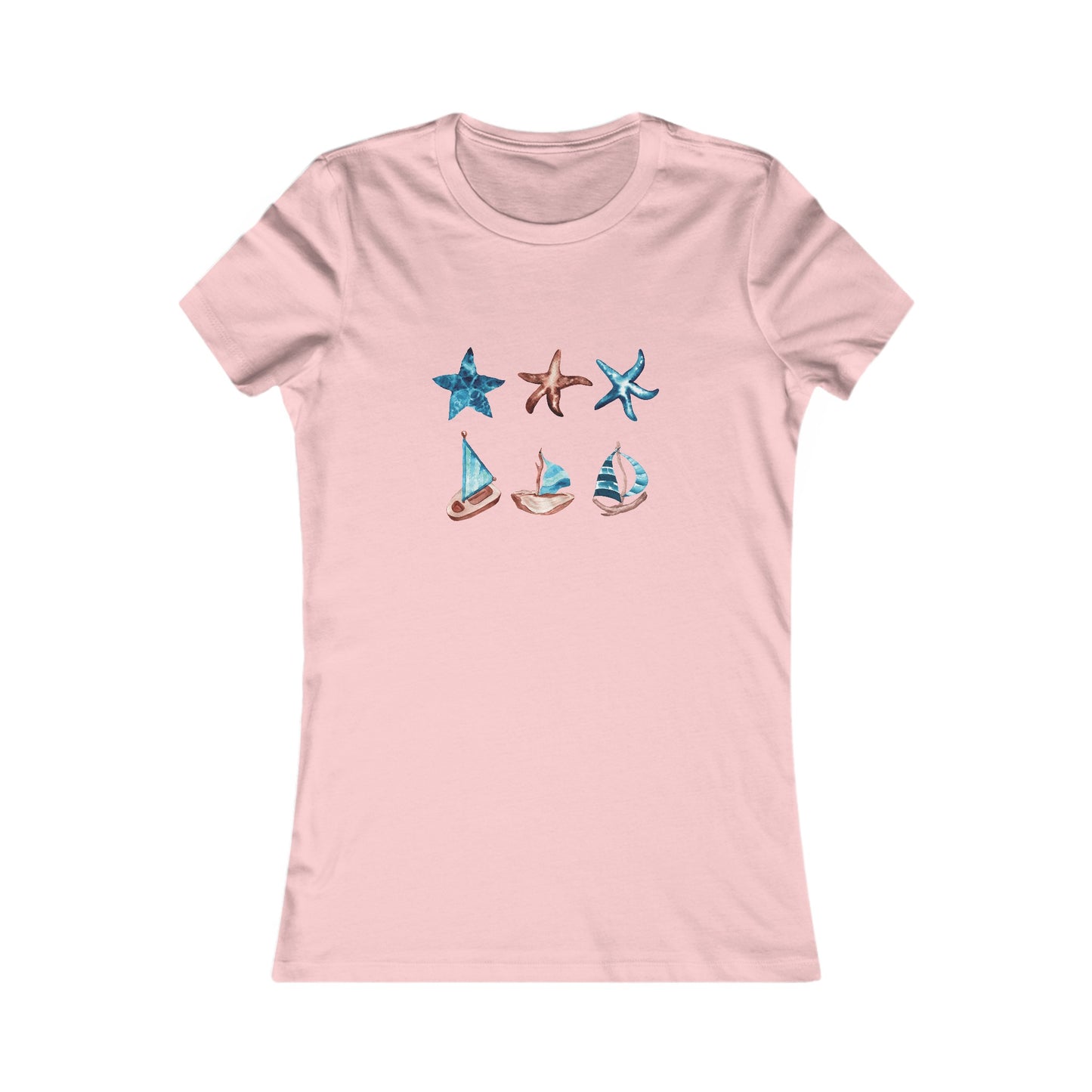 Watercolor Starfish and Sailboats Fitted Tee