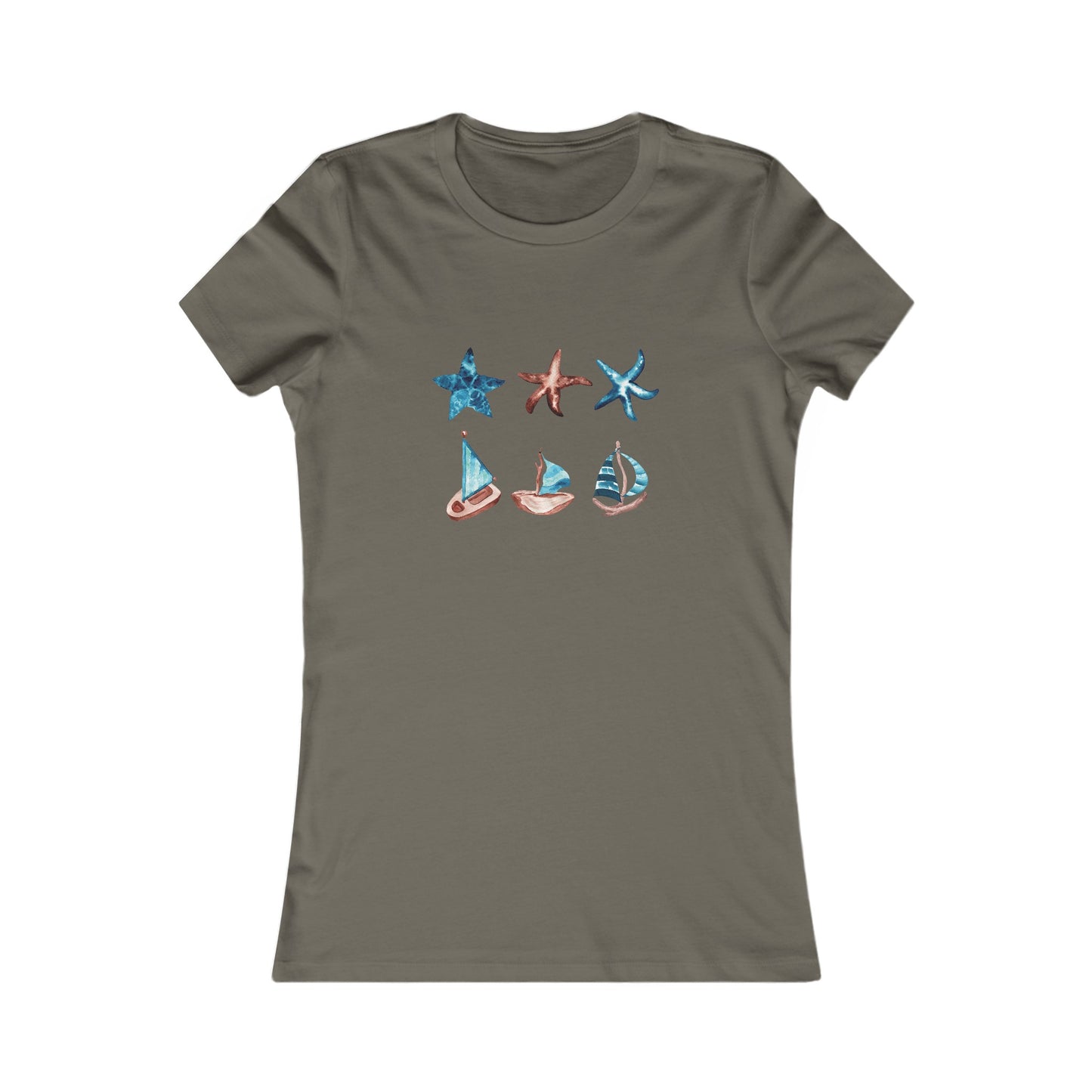 Watercolor Starfish and Sailboats Fitted Tee