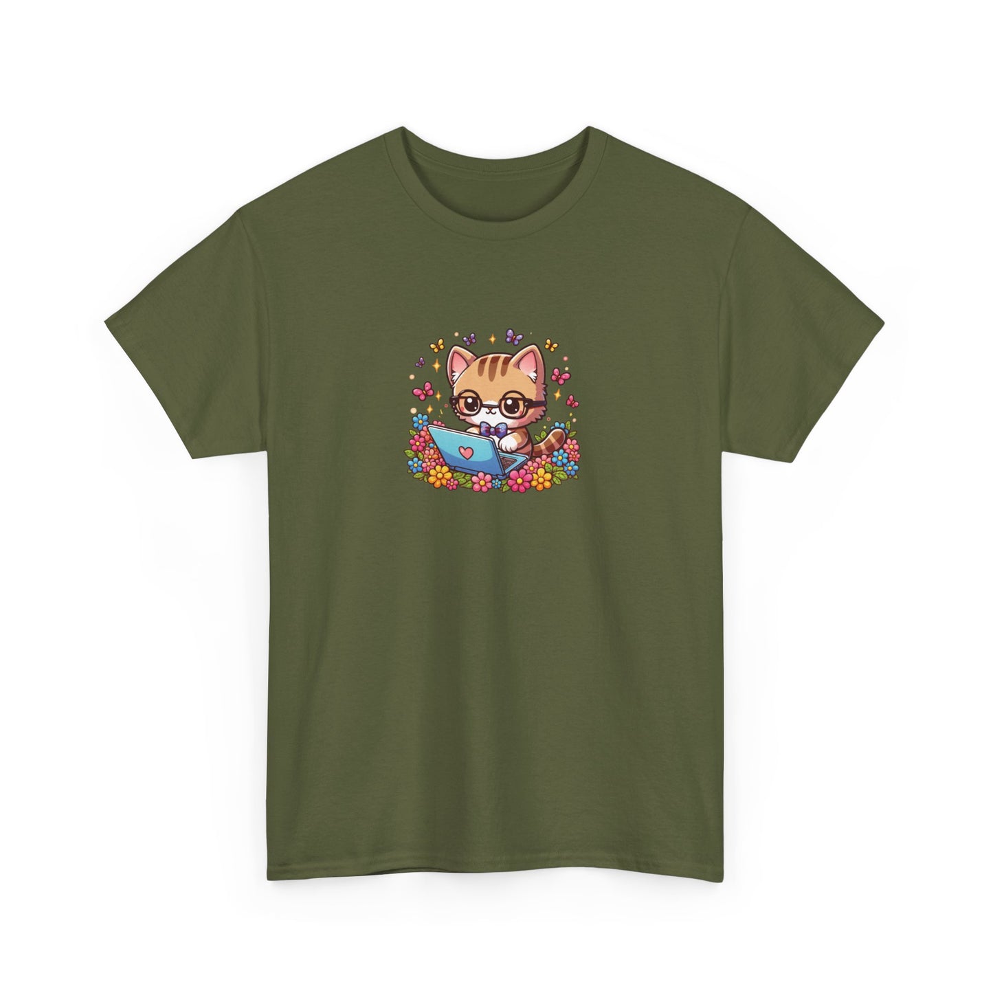 Cat with Flowers and Laptop Short Sleeve Tee