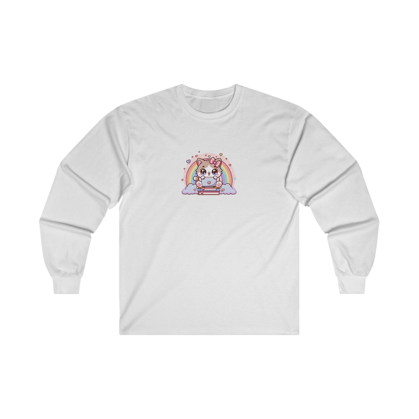 Cat with Rainbow and Laptop Long Sleeve Tee