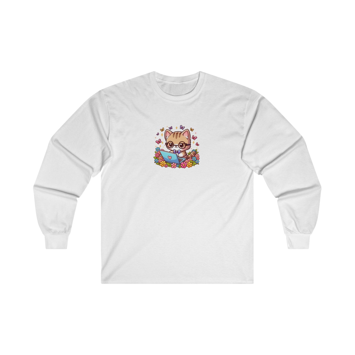Cat with Flowers and Laptop Long Sleeve Tee