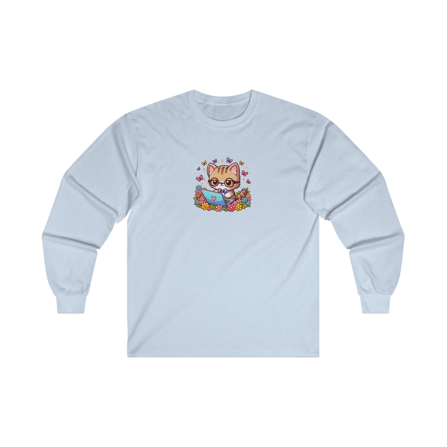 Cat with Flowers and Laptop Long Sleeve Tee