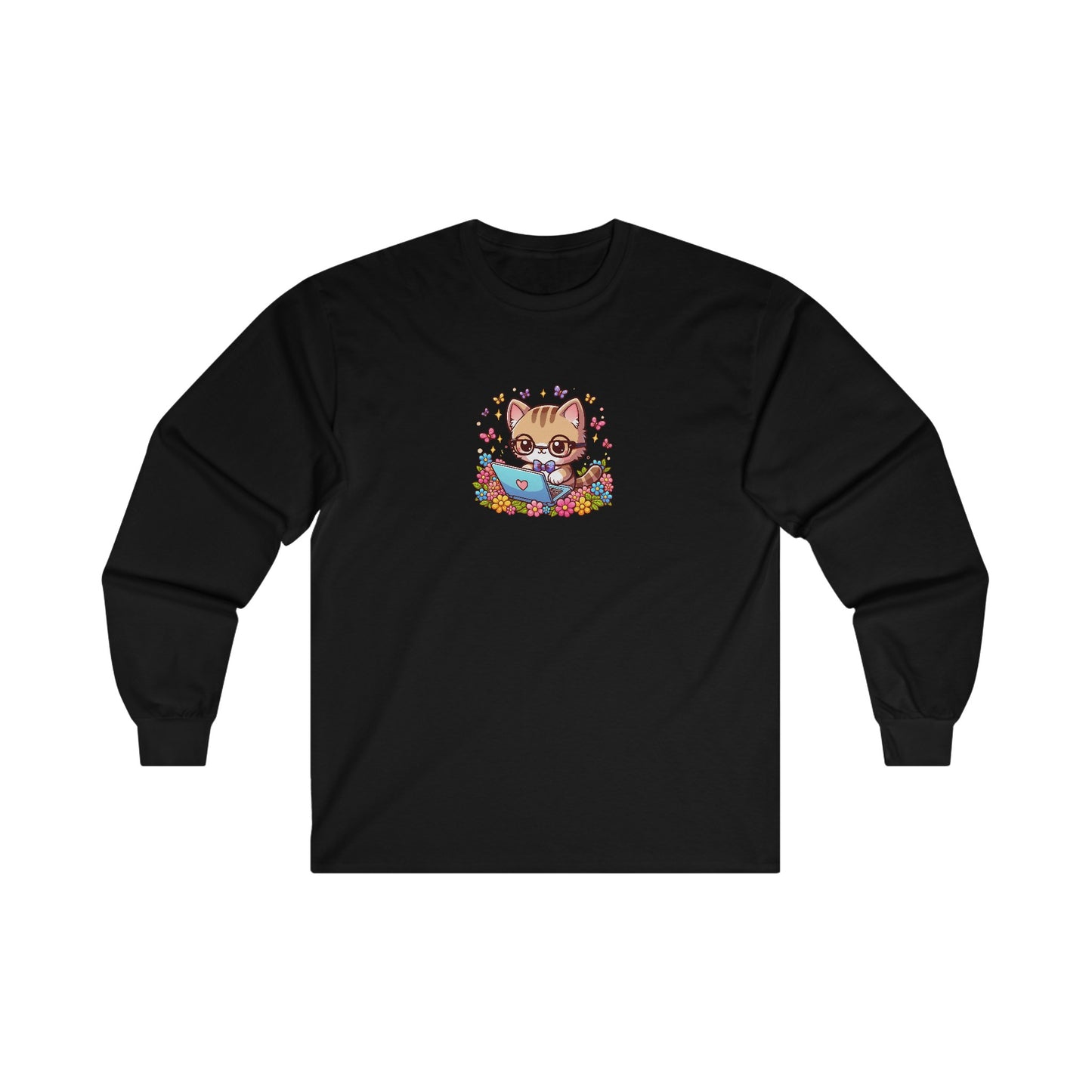 Cat with Flowers and Laptop Long Sleeve Tee