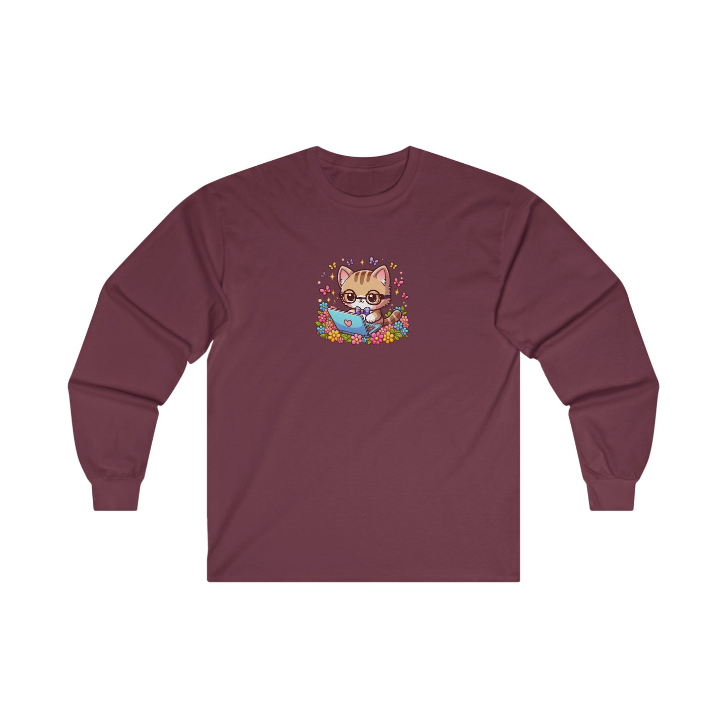 Cat with Flowers and Laptop Long Sleeve Tee
