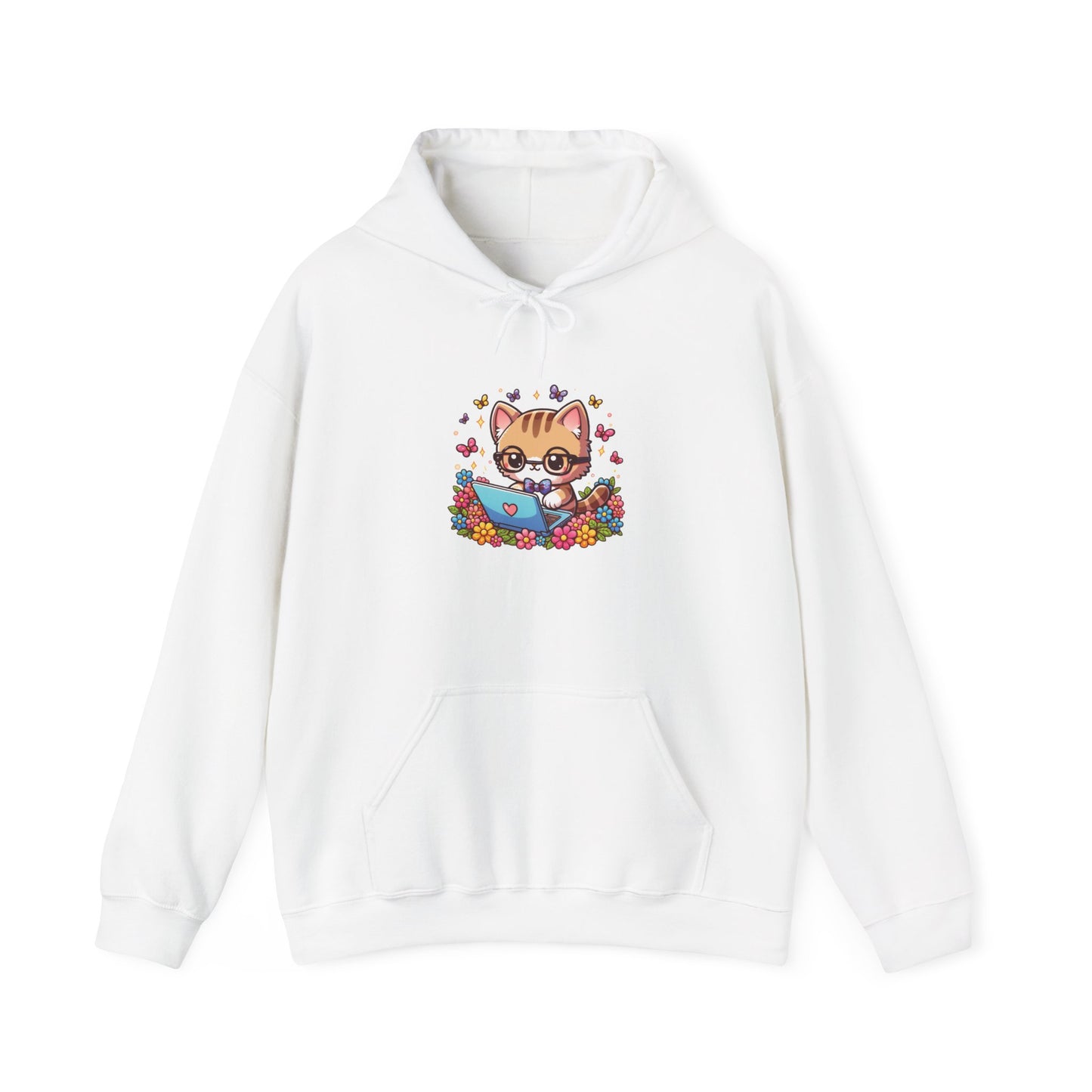 Cat with Flowers and Laptop Hooded Sweatshirt