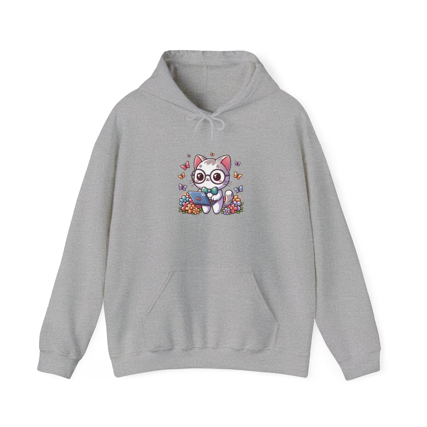 Gray Cat with Flowers and Laptop Hooded Sweatshirt
