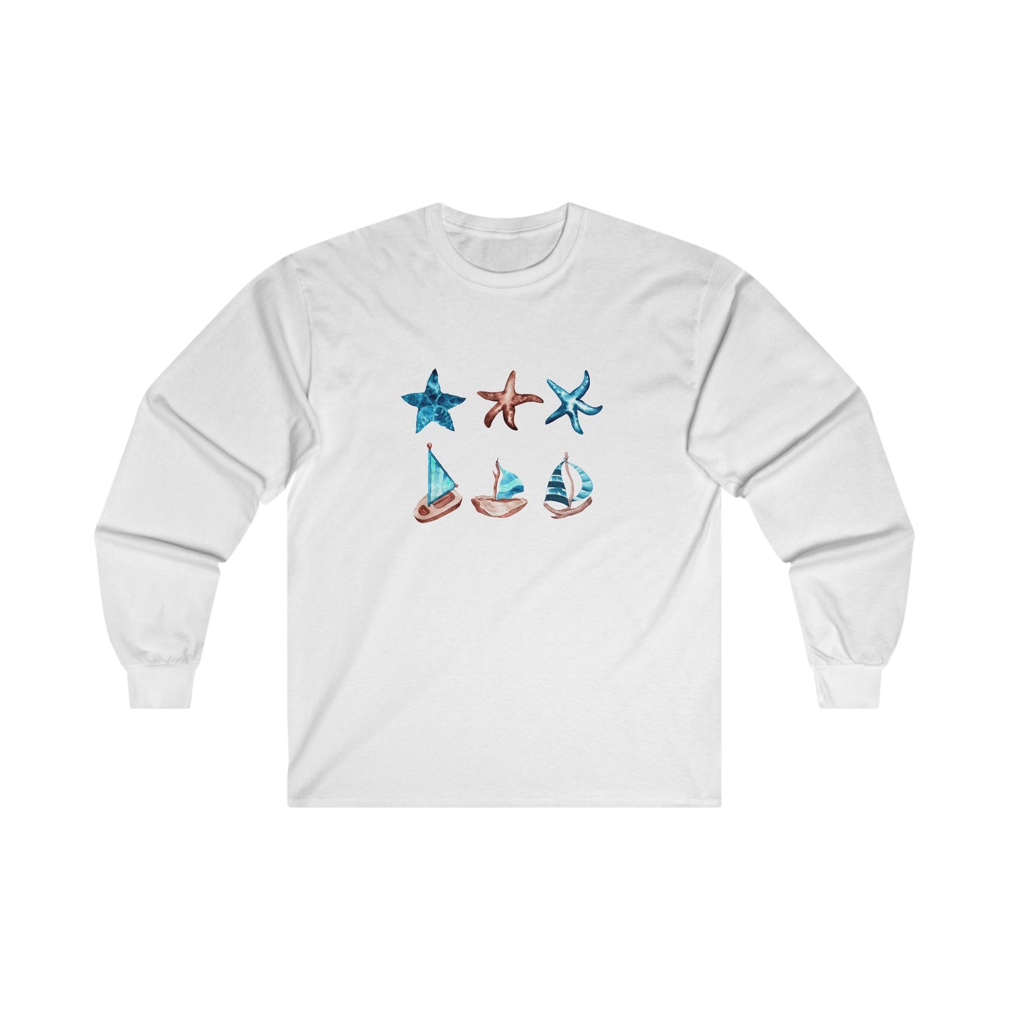 Watercolor Starfish and Sailboat Long Sleeve Tee