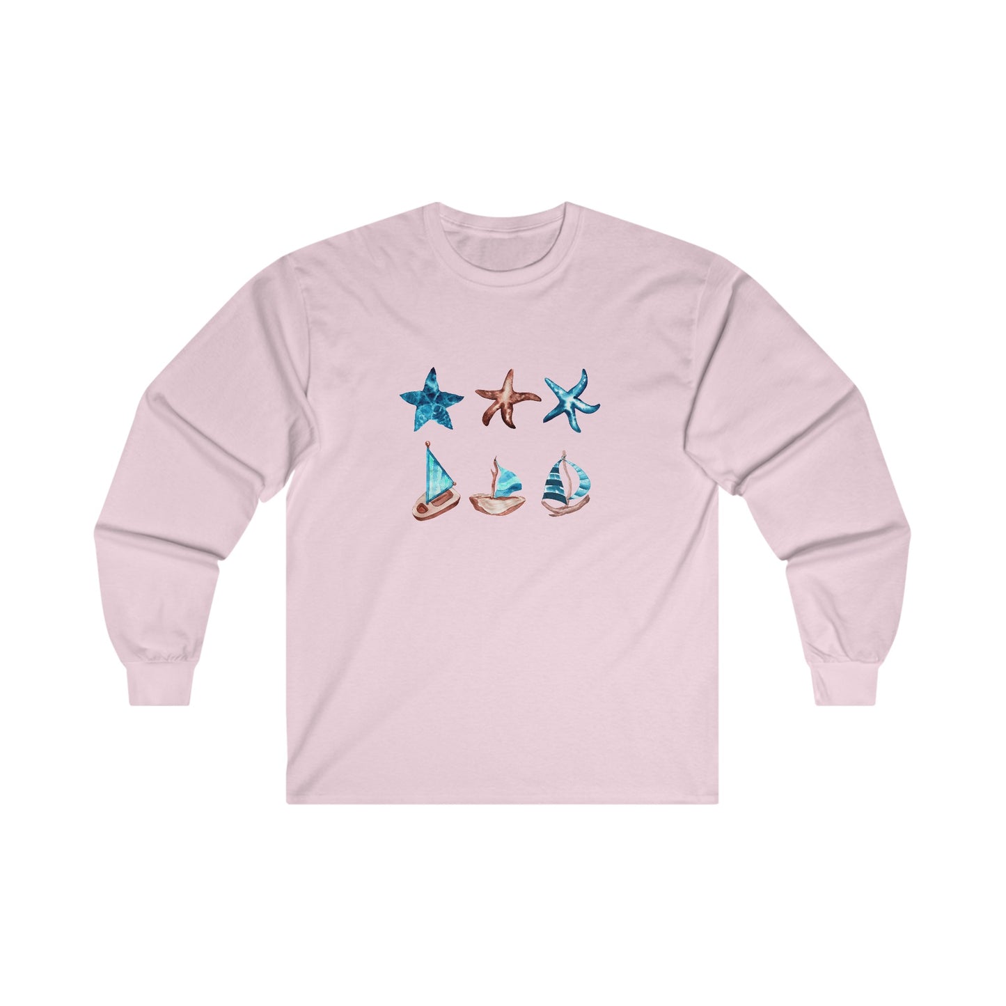 Watercolor Starfish and Sailboat Long Sleeve Tee