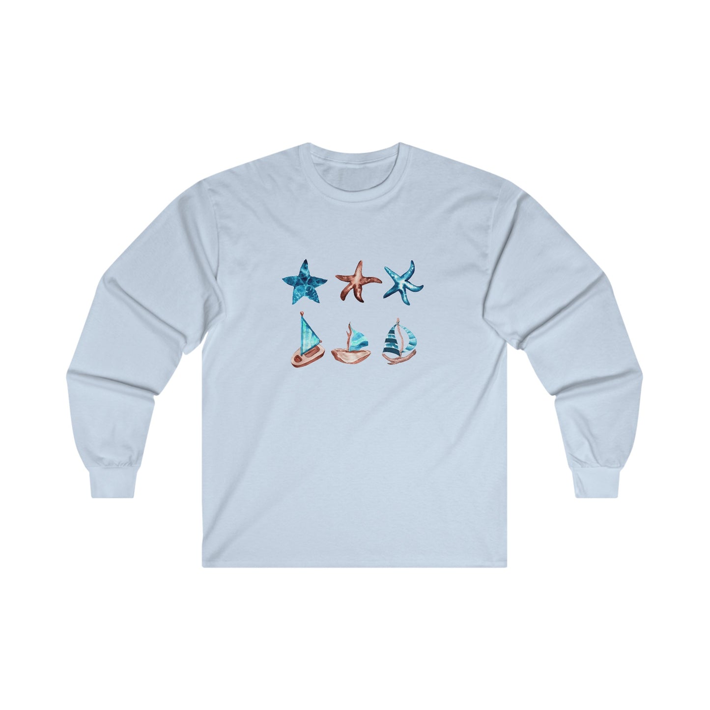 Watercolor Starfish and Sailboat Long Sleeve Tee