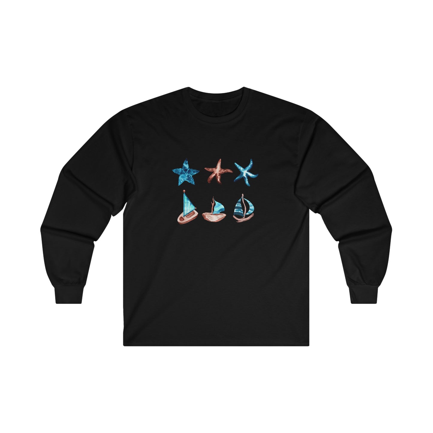 Watercolor Starfish and Sailboat Long Sleeve Tee