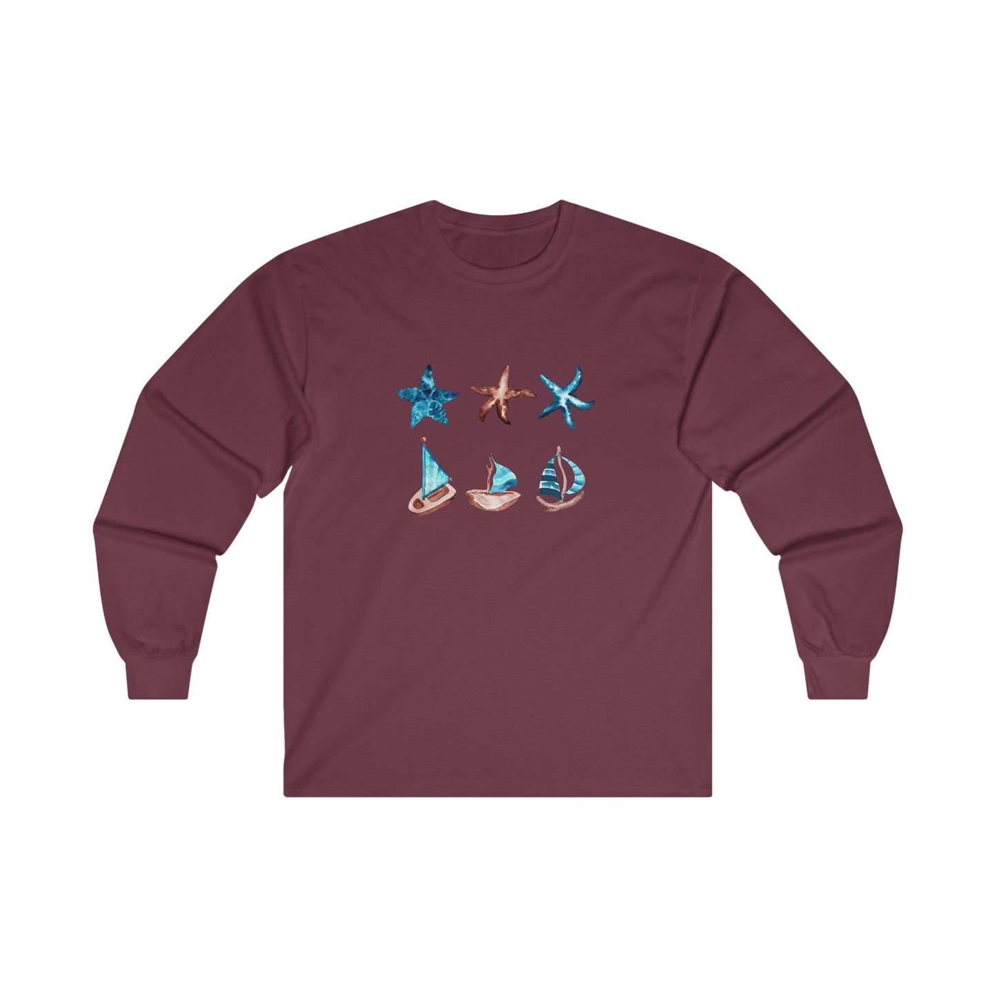 Watercolor Starfish and Sailboat Long Sleeve Tee