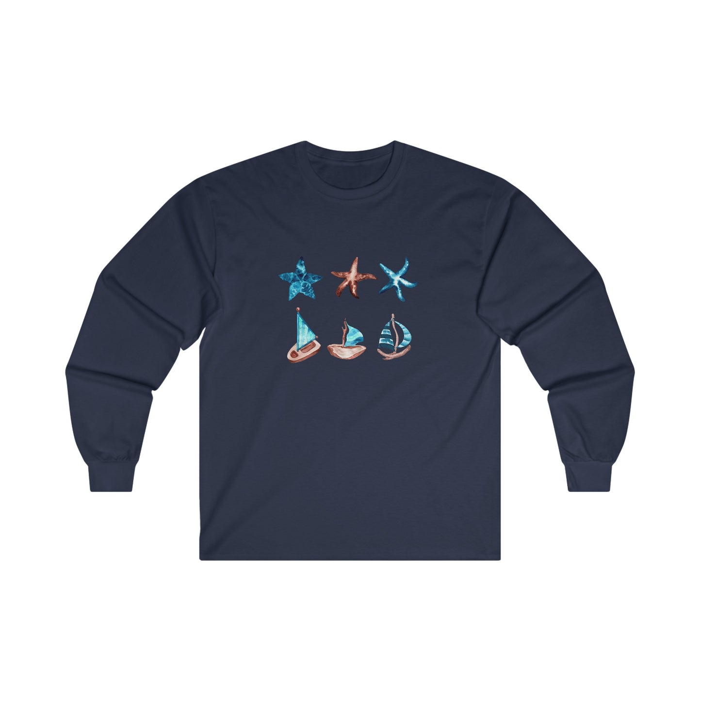 Watercolor Starfish and Sailboat Long Sleeve Tee