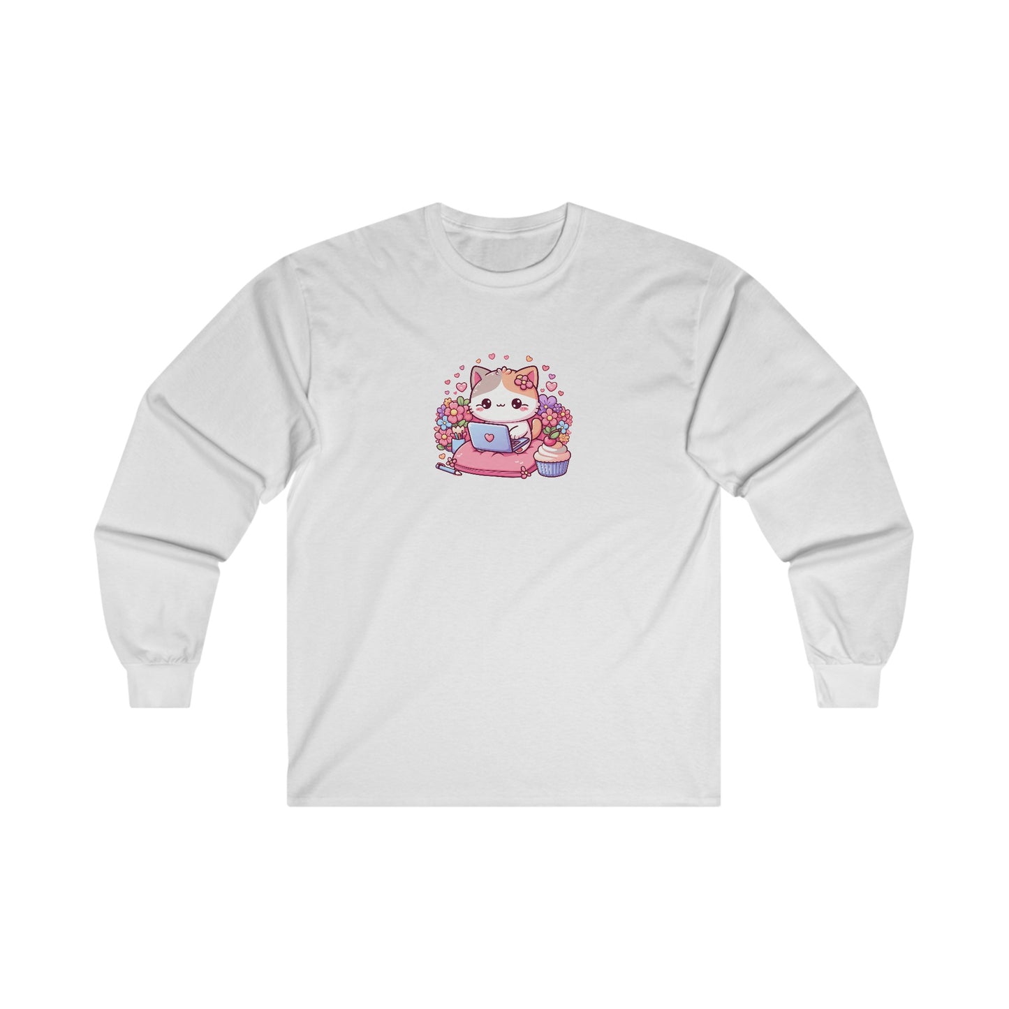 Cat with Cupcake and Laptop Long Sleeve Tee