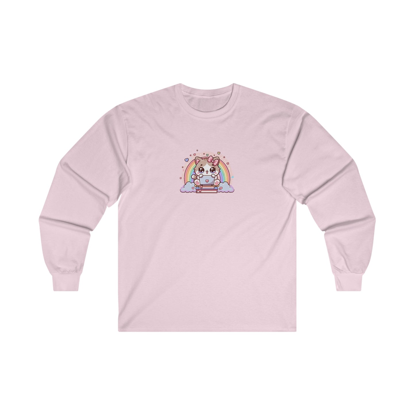 Cat with Rainbow and Laptop Long Sleeve Tee
