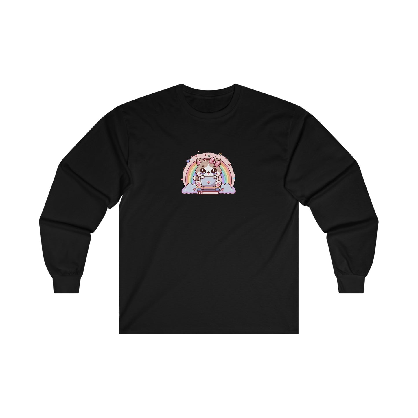 Cat with Rainbow and Laptop Long Sleeve Tee