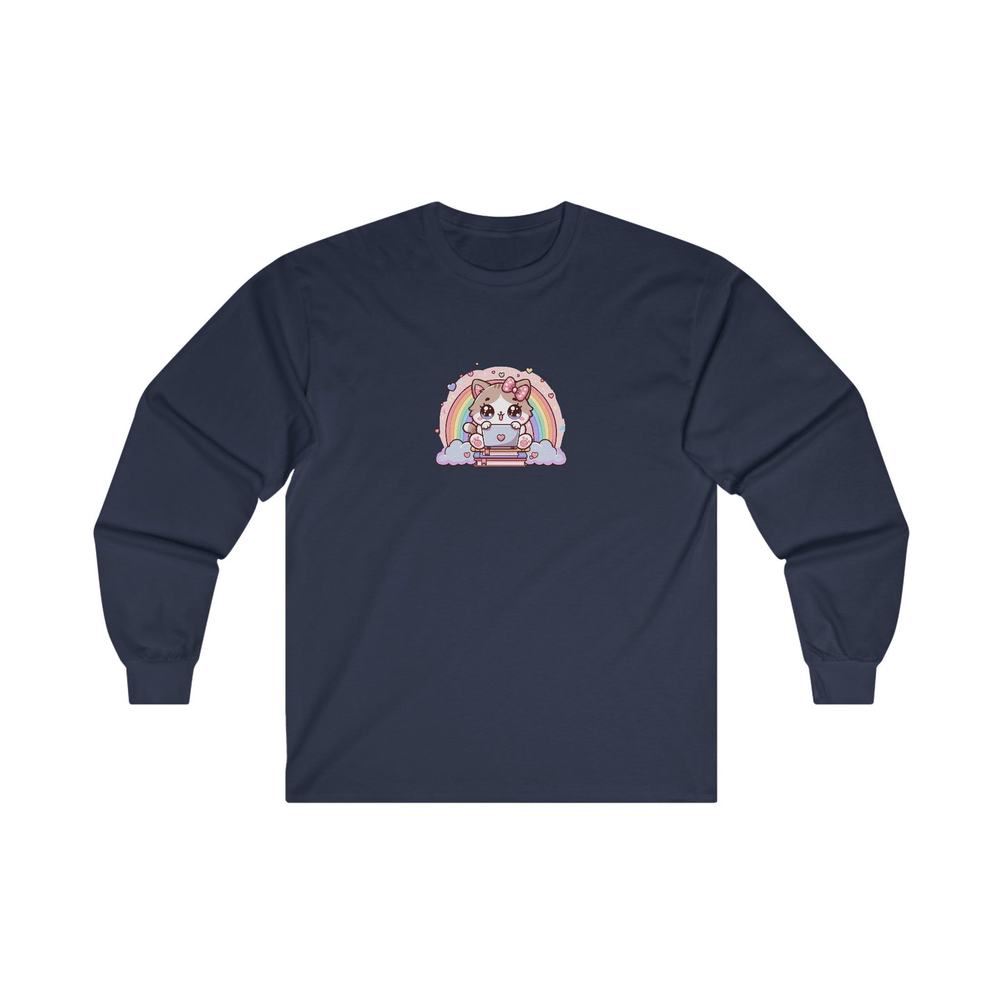 Cat with Rainbow and Laptop Long Sleeve Tee