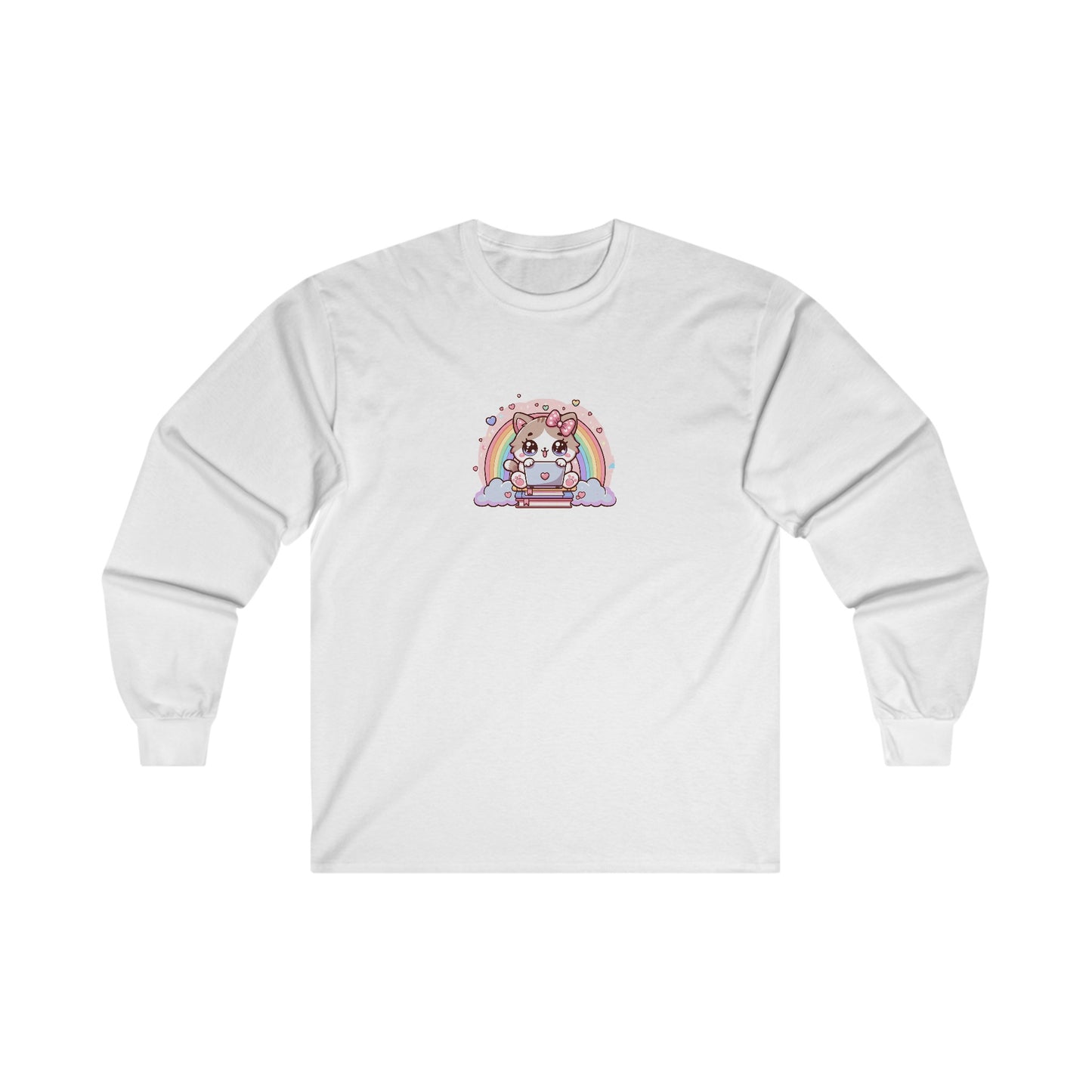 Cat with Rainbow and Laptop Long Sleeve Tee