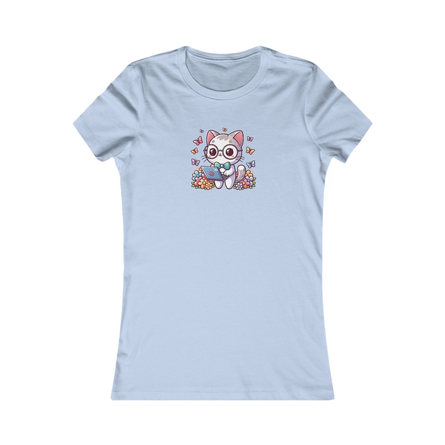 Gray Cat with Flowers and Laptop Fitted Tee