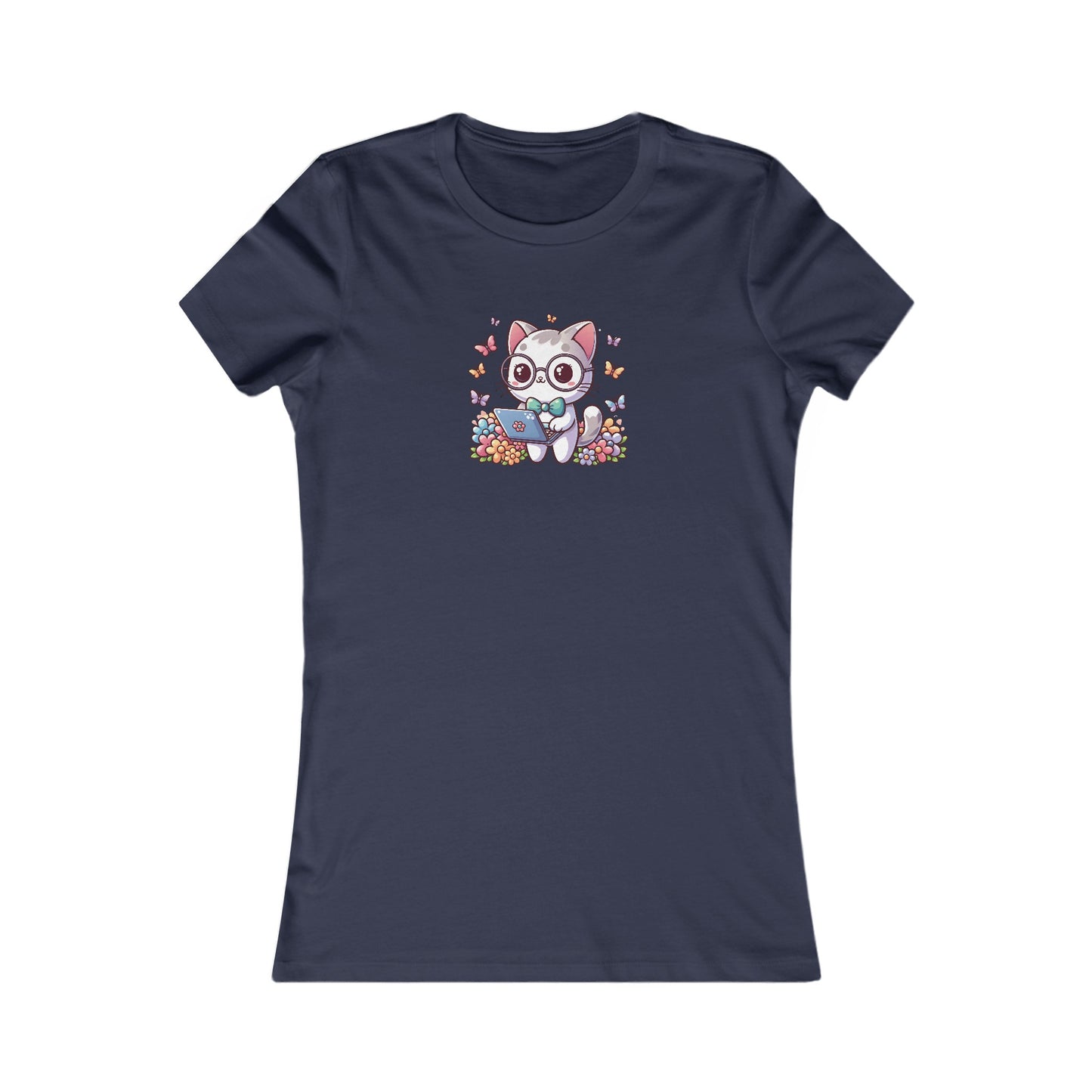 Gray Cat with Flowers and Laptop Fitted Tee