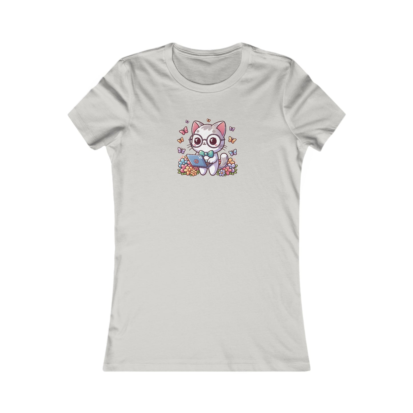 Gray Cat with Flowers and Laptop Fitted Tee