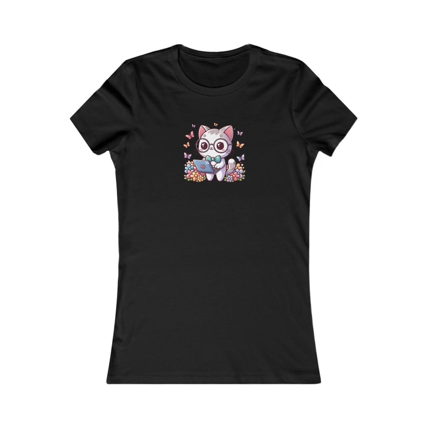 Gray Cat with Flowers and Laptop Fitted Tee