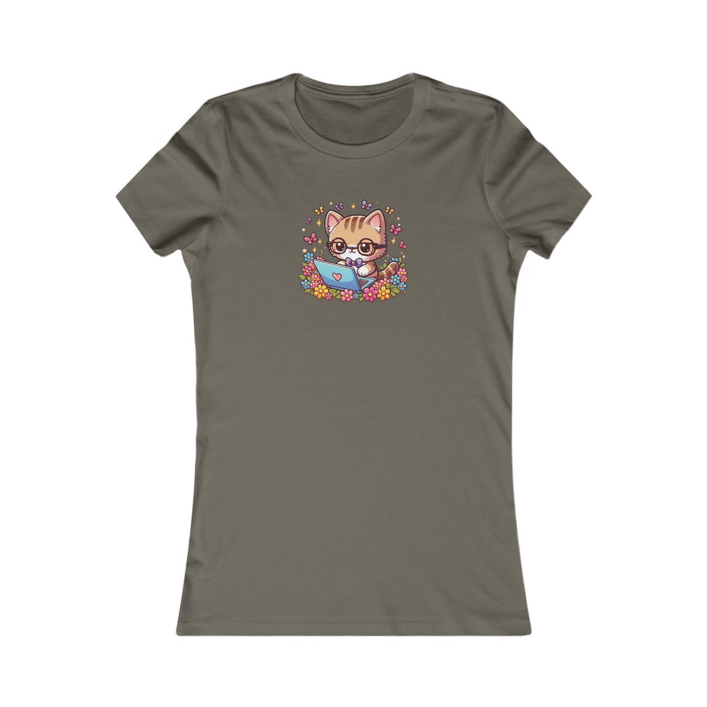 Cat with Flowers and Laptop Fitted Tee
