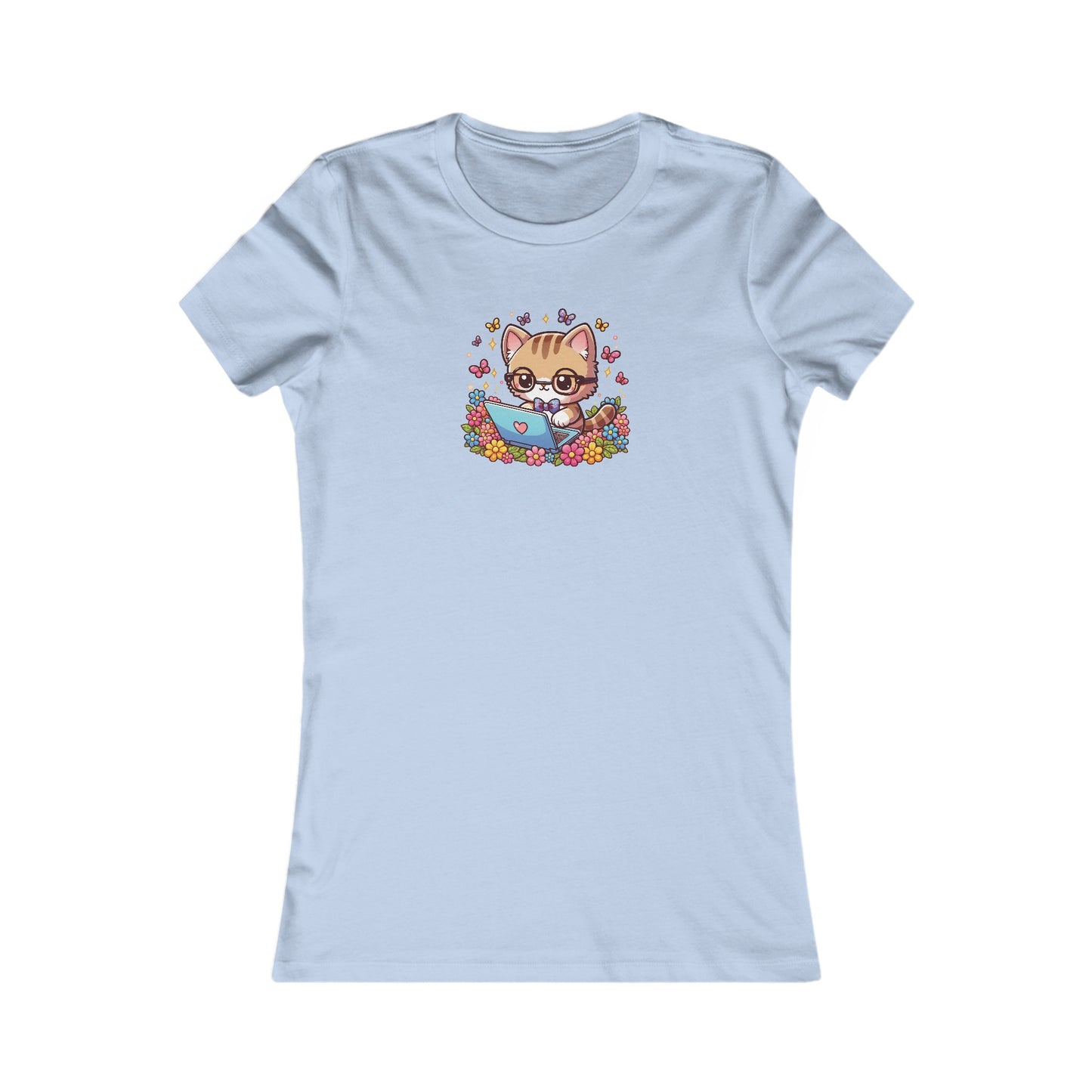 Cat with Flowers and Laptop Fitted Tee