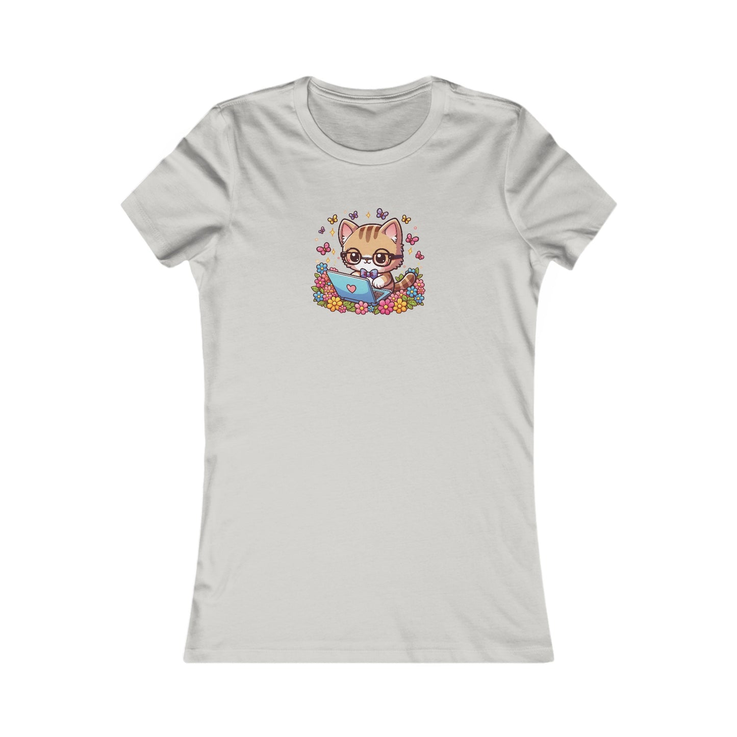 Cat with Flowers and Laptop Fitted Tee