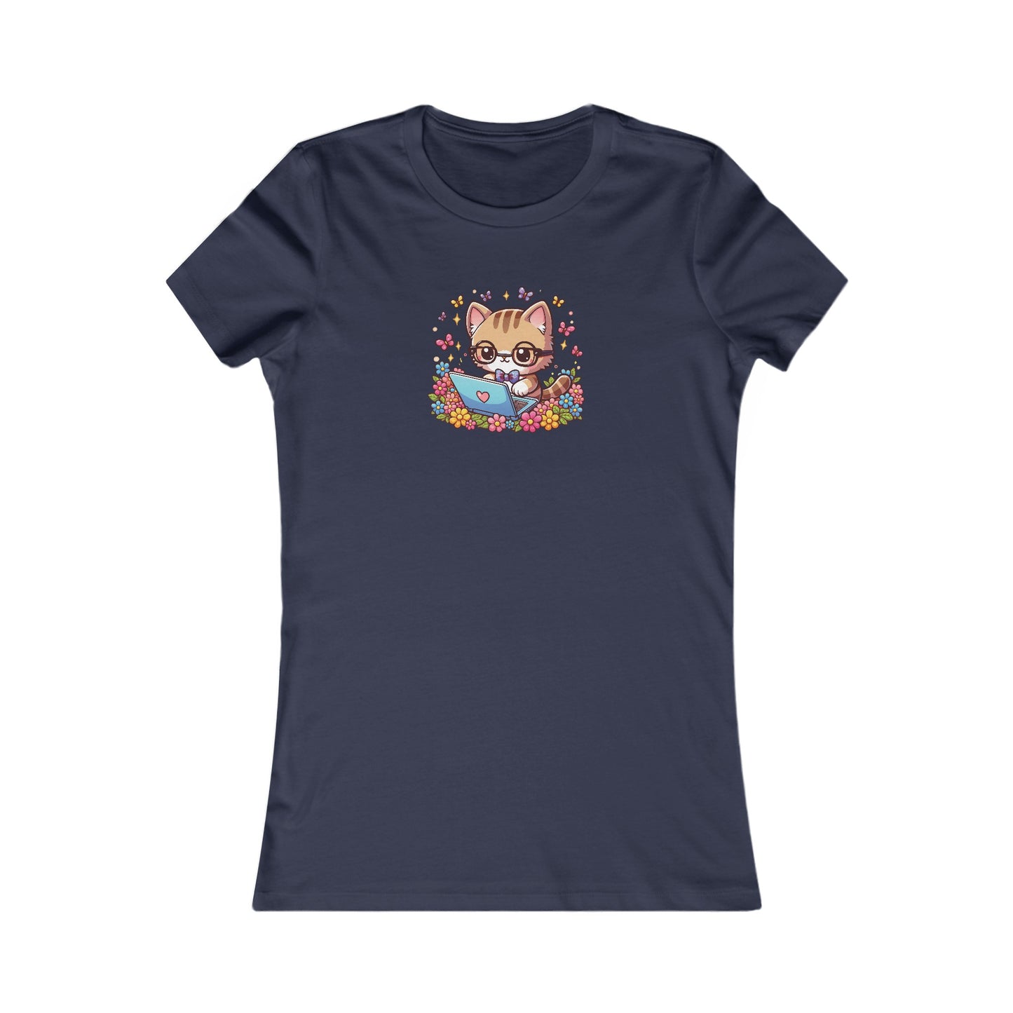 Cat with Flowers and Laptop Fitted Tee