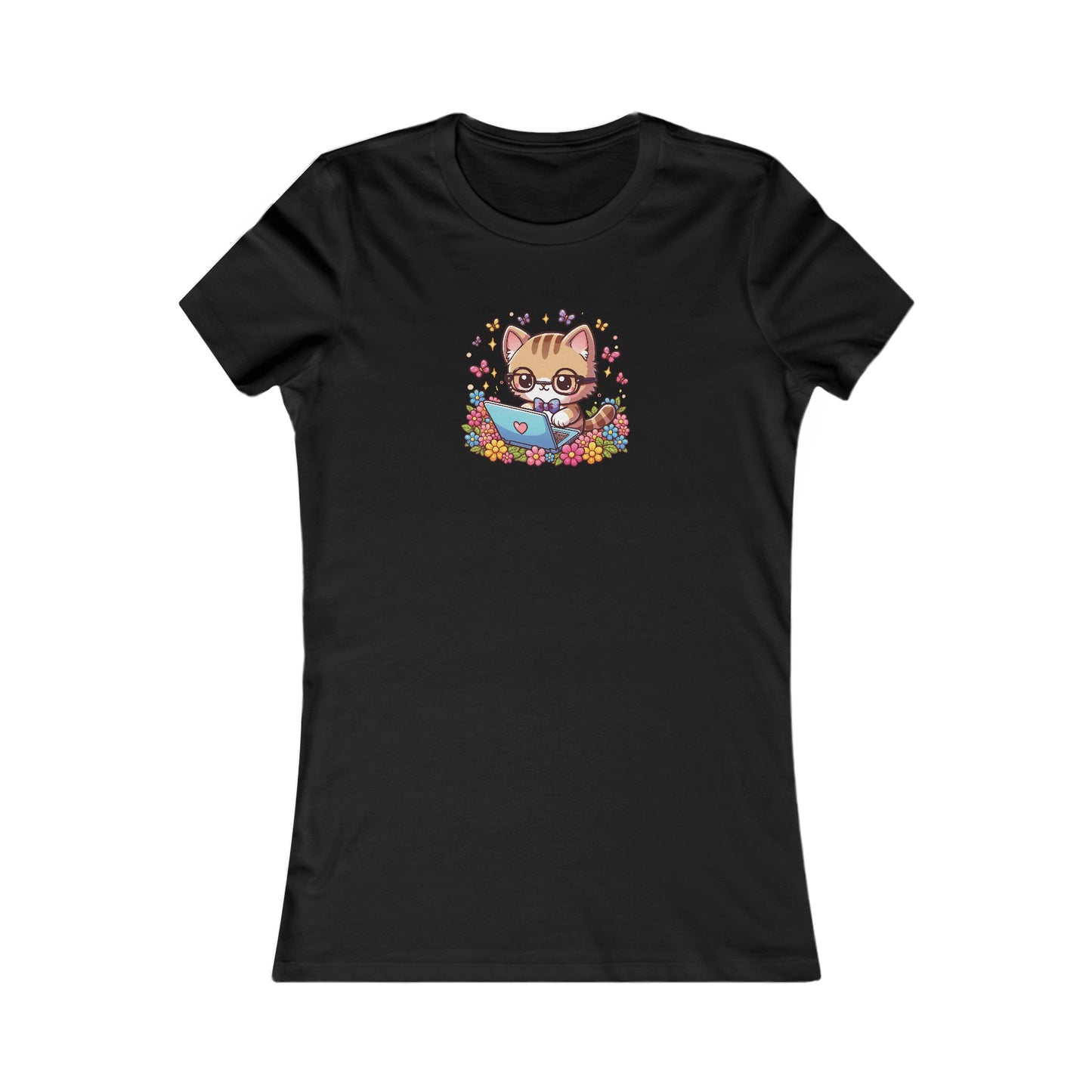 Cat with Flowers and Laptop Fitted Tee