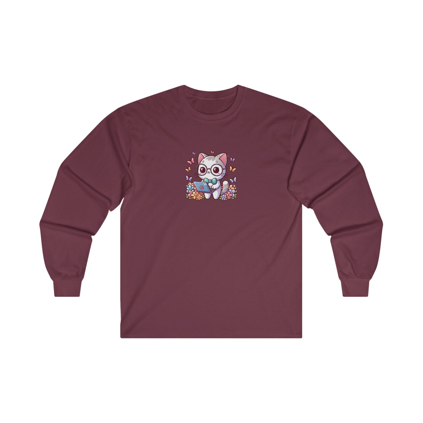 Gray Cat with Flowers and Laptop Long Sleeve Tee