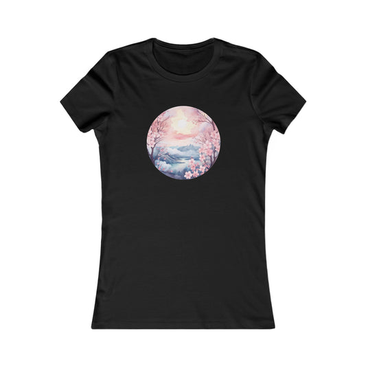 Watercolor Cherry Blossom Landscape Fitted Tee