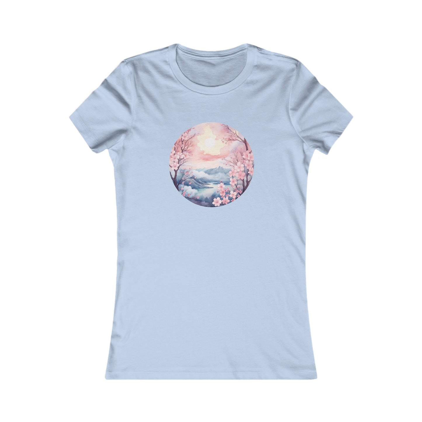 Watercolor Cherry Blossom Landscape Fitted Tee