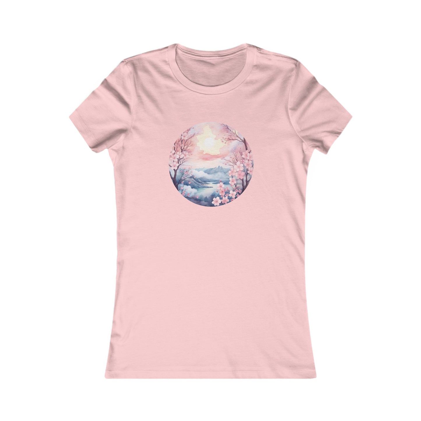 Watercolor Cherry Blossom Landscape Fitted Tee