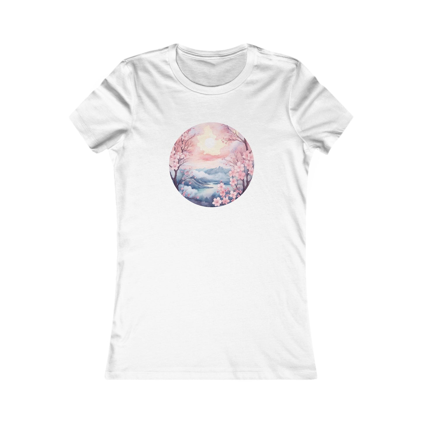 Watercolor Cherry Blossom Landscape Fitted Tee
