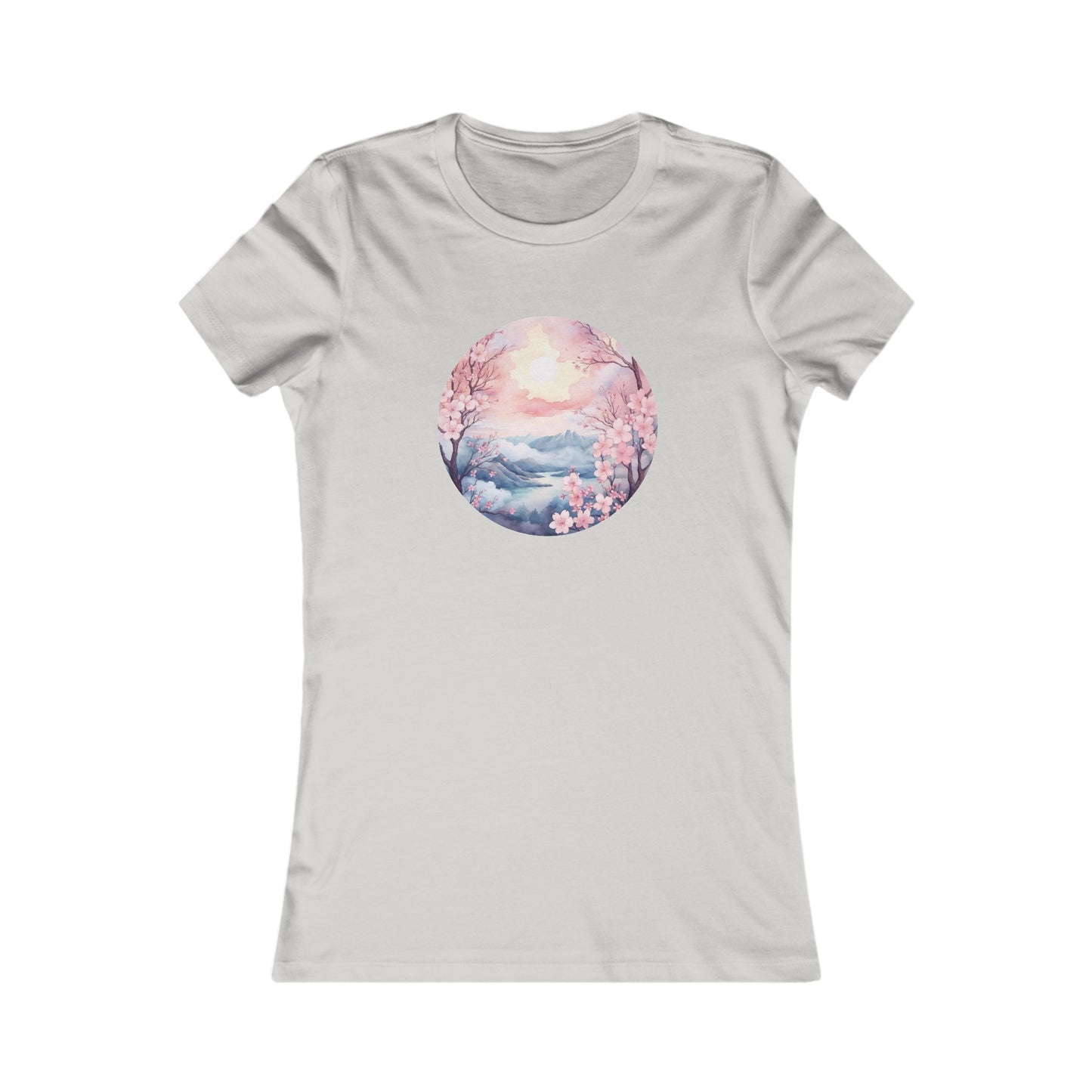 Watercolor Cherry Blossom Landscape Fitted Tee