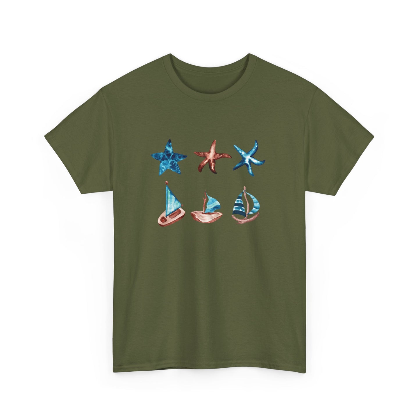 Watercolor Starfish and Sailboats Short Sleeve Tee