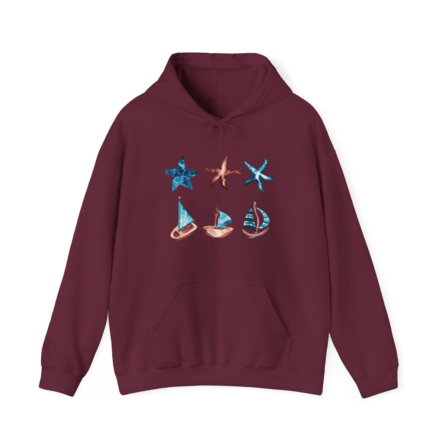 Watercolor Starfish and Sailboats Hooded Sweatshirt